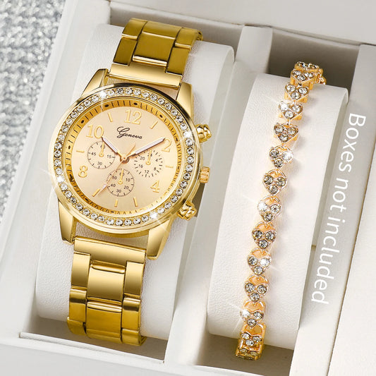 Fashion Women Stainless Steel  Gold Color Quartz Watch & Diamond Bracelet