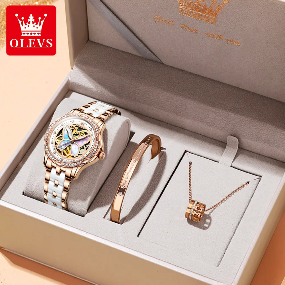 OLEVS Automatic Mechanical Watch for Women Colorful Fritillary Butterflies Luxury Elegant Ceramics Watchband Ladies Wristwatches