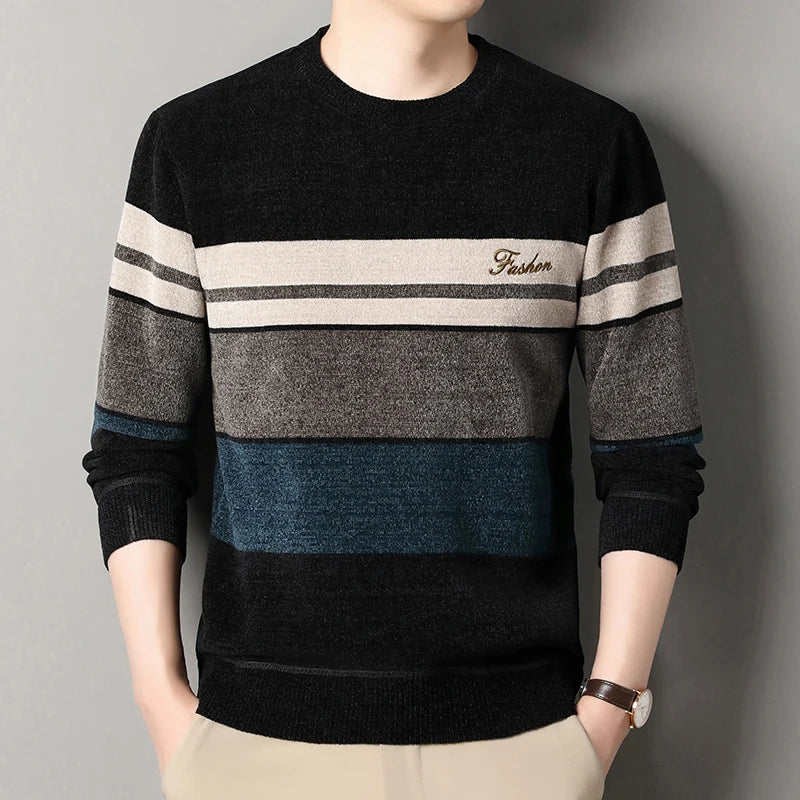 Mens Chenille Sweaters Fashion Knitting Pullover Striped Men's Autumn Winter Top Clothes Round Neck Knitted Sweaters