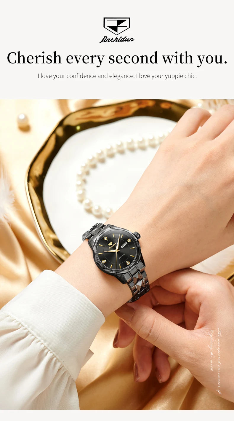 JSDUN 8975 Luxury Deep Waterproof Mechanical Watch For Women Dual Calendar Luminous Dress Wristwatch Business Woman Watches