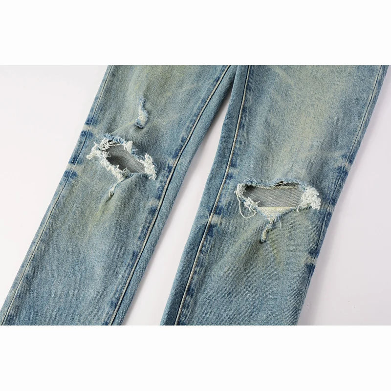 Americans High Street Style Men's Distressed Light Blue Skinny Button Fly Slim Fit Ripped Destroyed Holes Jeans