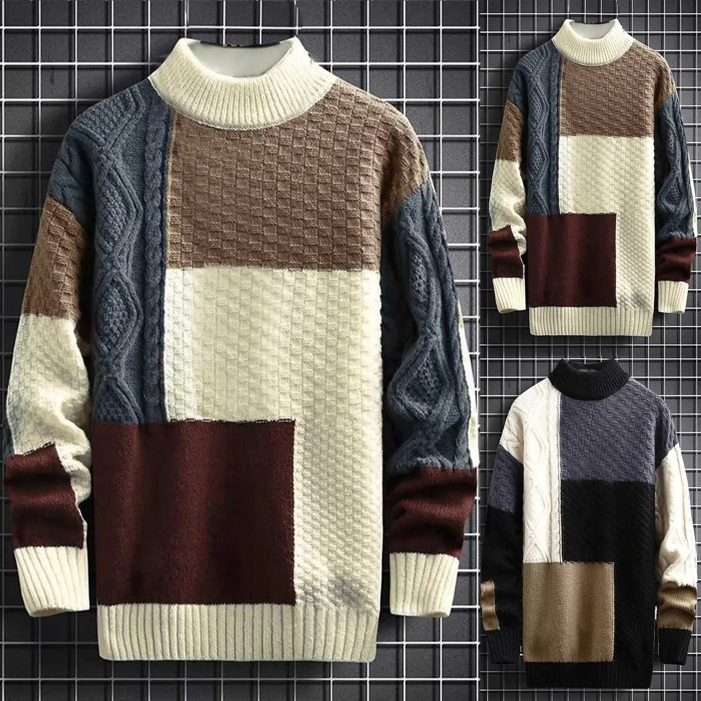 Trendy Sweater Loose Thermal Thick Streetwear Men Winter Sweater Fashion Stitching Color Matching Pullover Knitted Sweaters