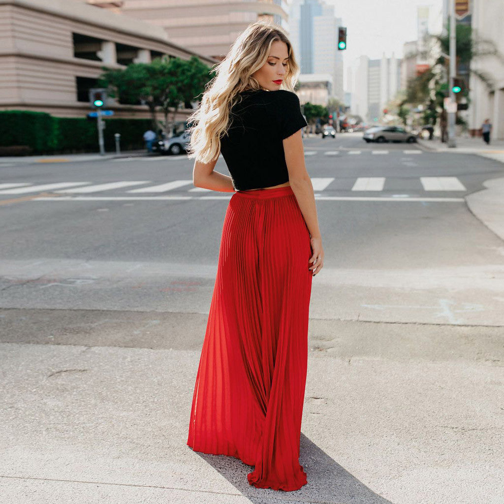 2022 Fashion Womens A-line Pleated Red Skirts Summer Jupe Longue Elastic Vintage Elegant Chic Loose Long Skirt Dropshipping