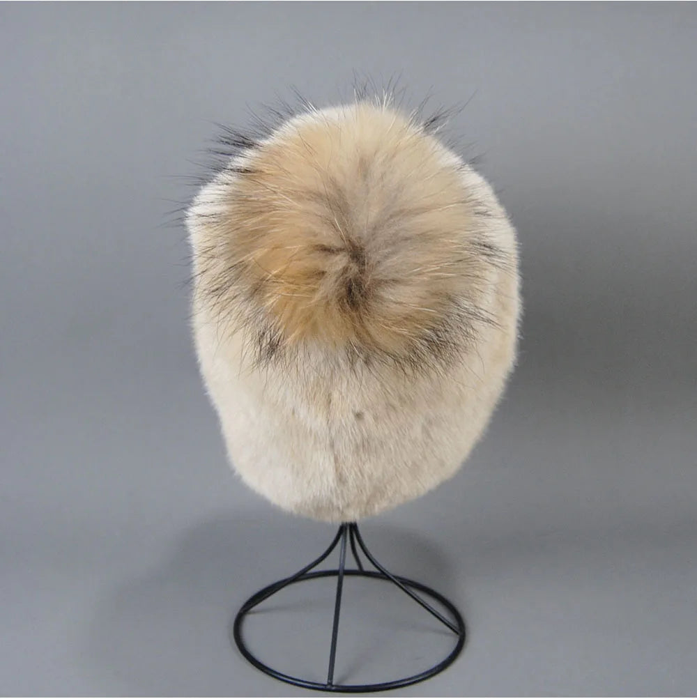 2023 Winter Real Natural Mink Fur Fox Hat for Women Thicken Warm Casual Pom New High Quality Girl Bobble  Christmas Knitted Cap