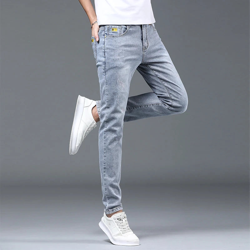 Boyfriend Daily All-match Pencil Distressed Jeans Men Casual Slim Fit Denim Pants Narrow Leg Ripped Pants Skinny Solid Trousers