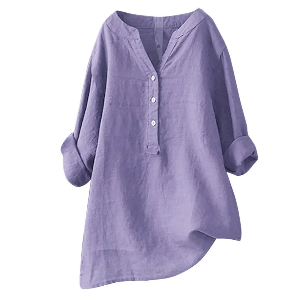 Women Solid Color Loose V-Neck Shirt  Button Loose Fit Long Sleeve Lady Tops Female Half Open Collar Casual Blouse Top