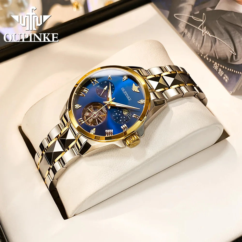 OUPINKE Fashion Luxury Brand Women's Watches Elegant Hollow out Moon Phase Automatic mechanical Watch Original Female Wristwatch