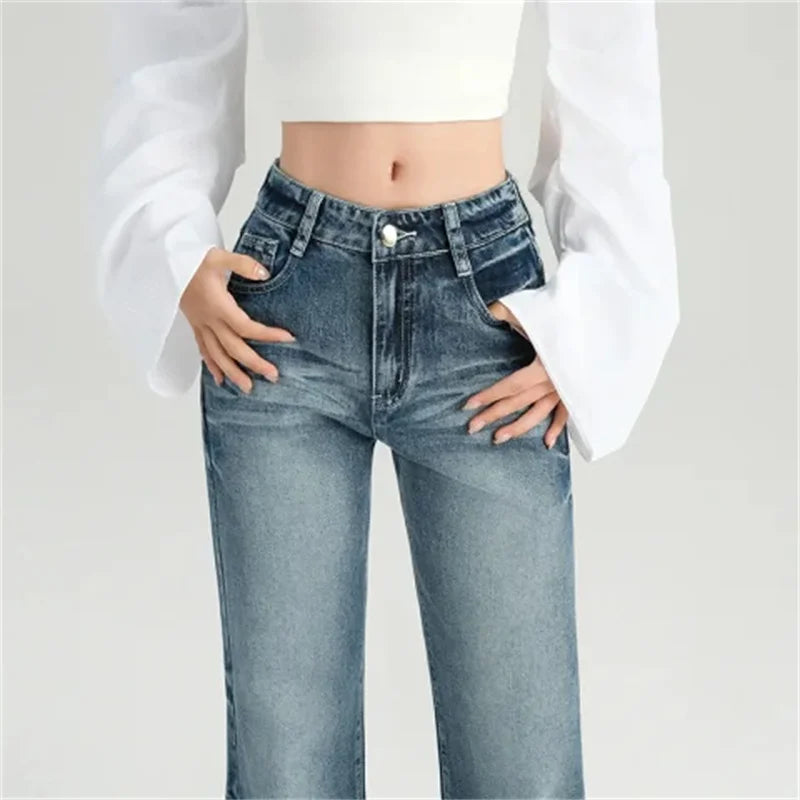 Spring/Svintage Ladies Flare Style Slim Women's Pants Mid-Waist Hip Lift Blue Jeans