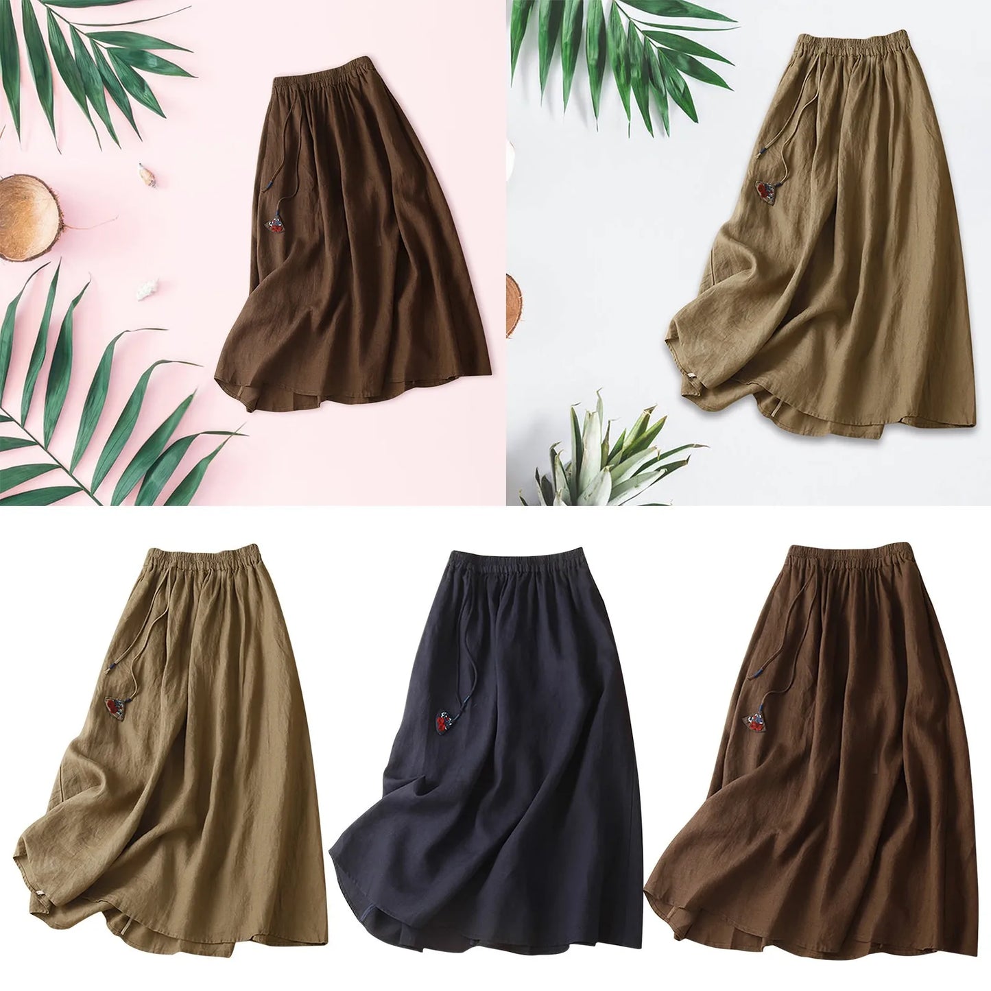 Cotton Linen Maxi Skirt Women Casual Elastic High Waist Pleated A-Line Beach Skirts Boho Faldas Drawstring Solid Long Skirt