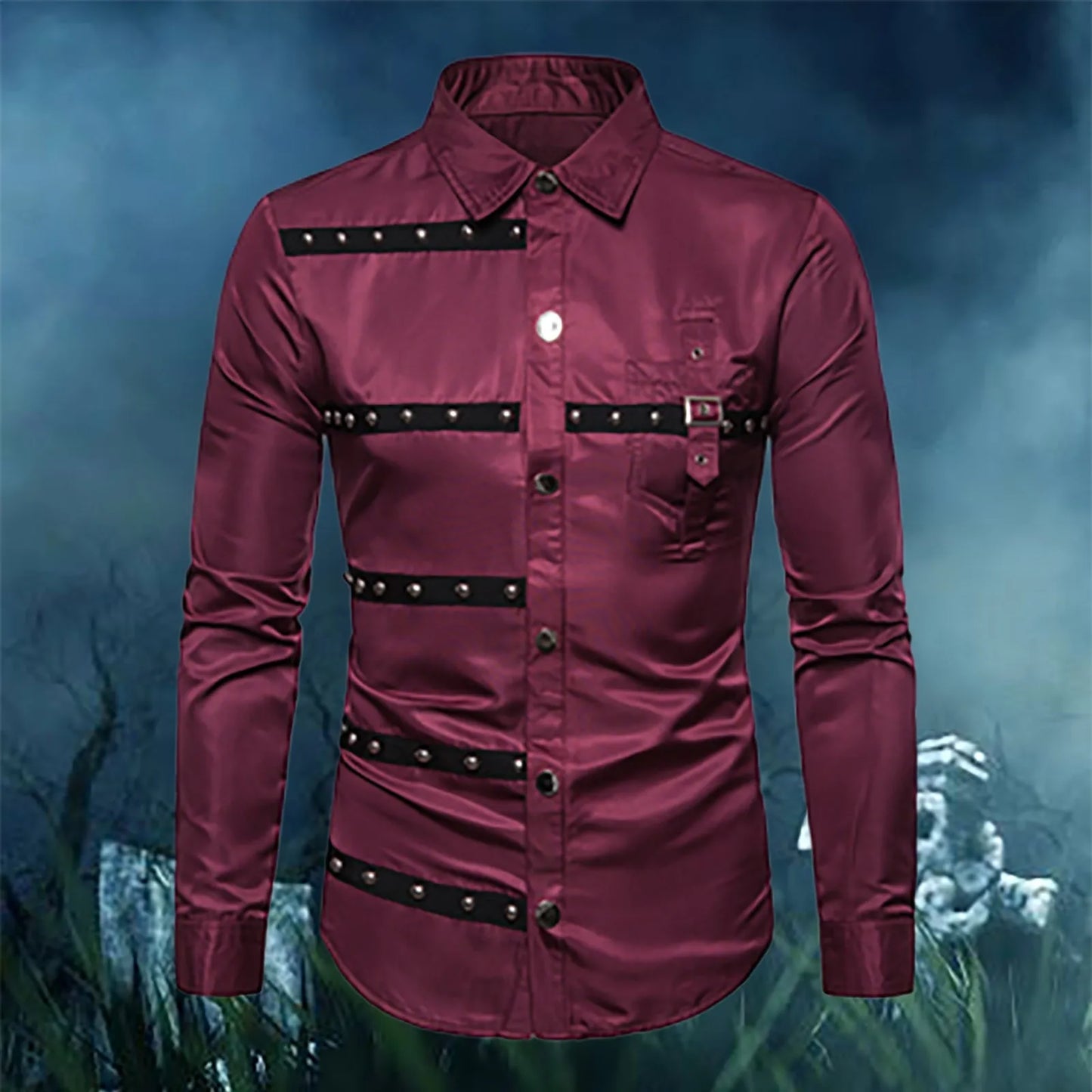 Gothic Studded Men'S Long Sleeve Shirt Halloween Medieval Belt Black Shirt Classic Vintage Party Performance Men'S Clothing