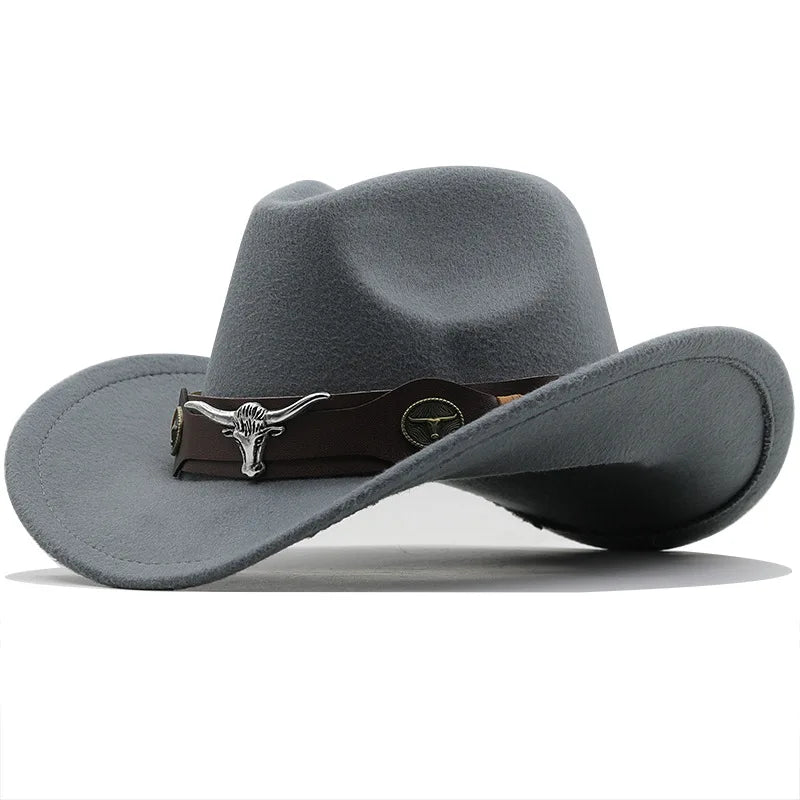 Western Cowboy Hat 4 Sizes Black Woolen Jazz Top Hat Men Ethnic Style Cow Head Ribbon Felt Cap Women Children Riding Fedora Hat