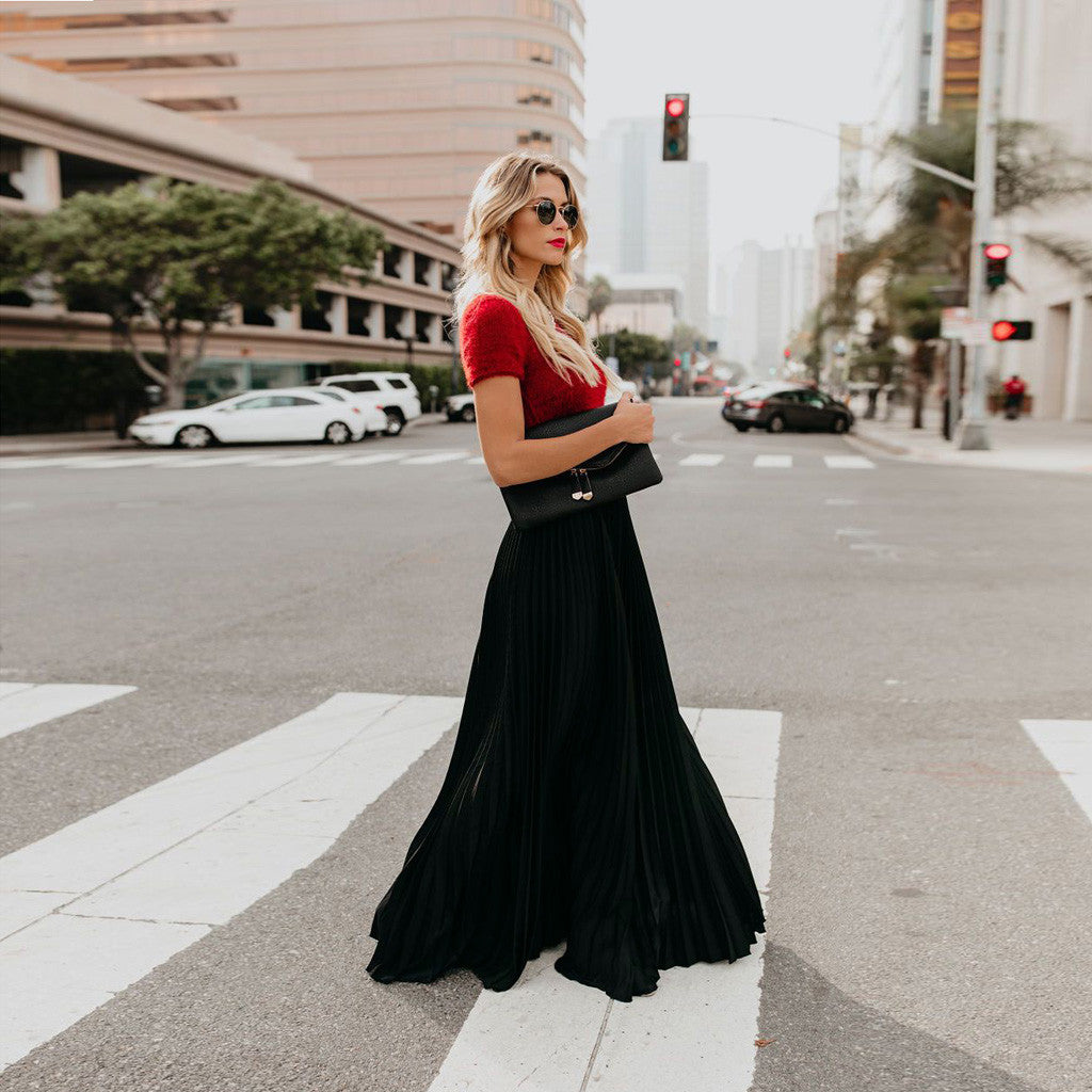 2022 Fashion Womens A-line Pleated Red Skirts Summer Jupe Longue Elastic Vintage Elegant Chic Loose Long Skirt Dropshipping