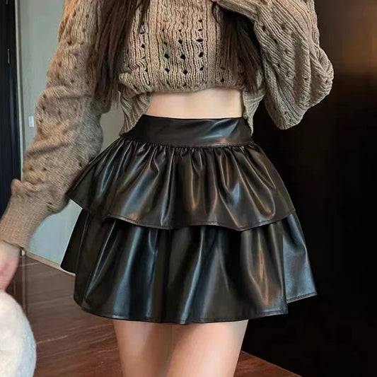 Women's Skirt Korean Version High Waist Sweet Versatile Fashion Temperament PU Leather Bouffant Cake Skirt