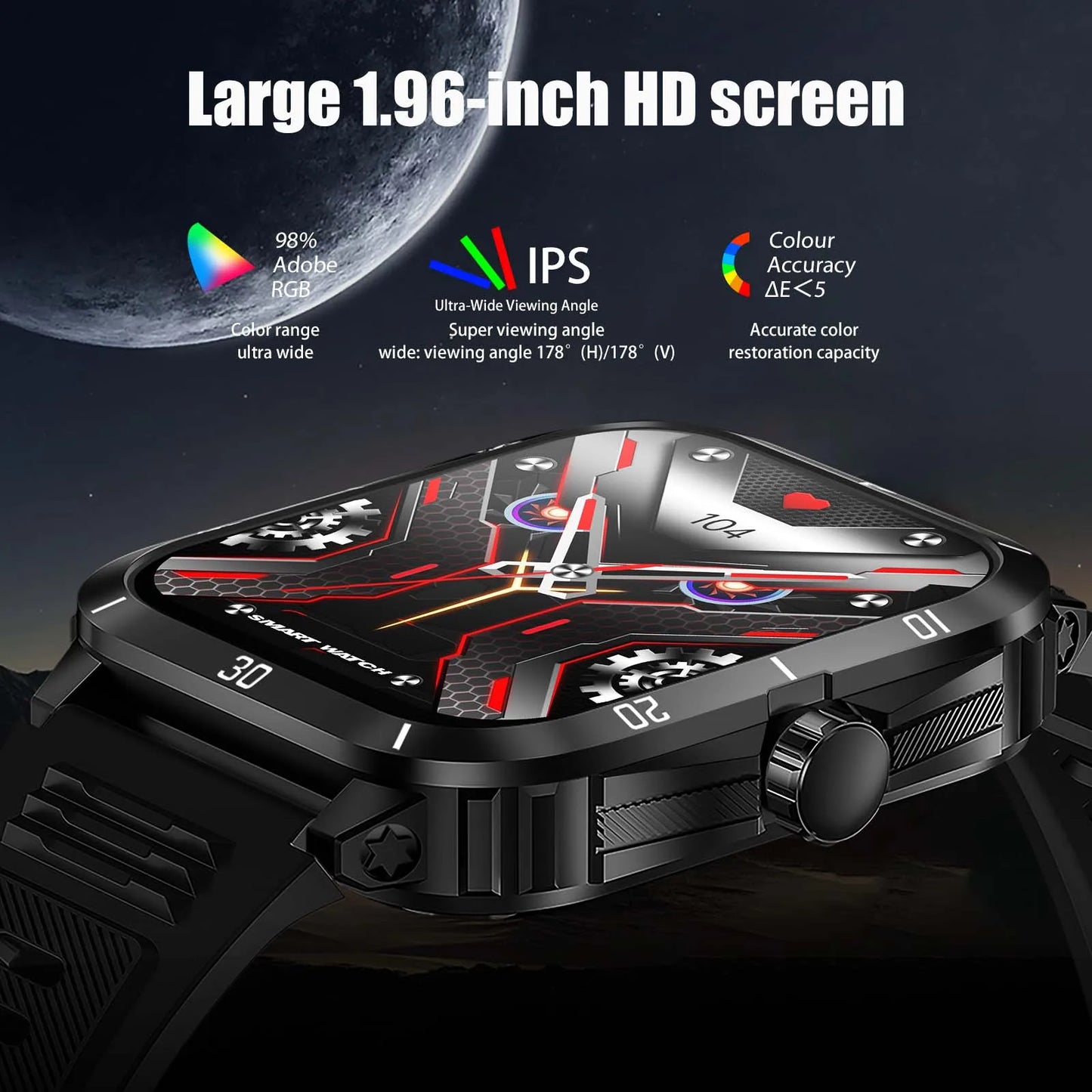 EIGIIS Smart Watch 3ATM Waterproof 1.96" IPS Screen Military KT71 Men 100+ Sport Mode Heart Rate Blood Pressure Bluetooth Call