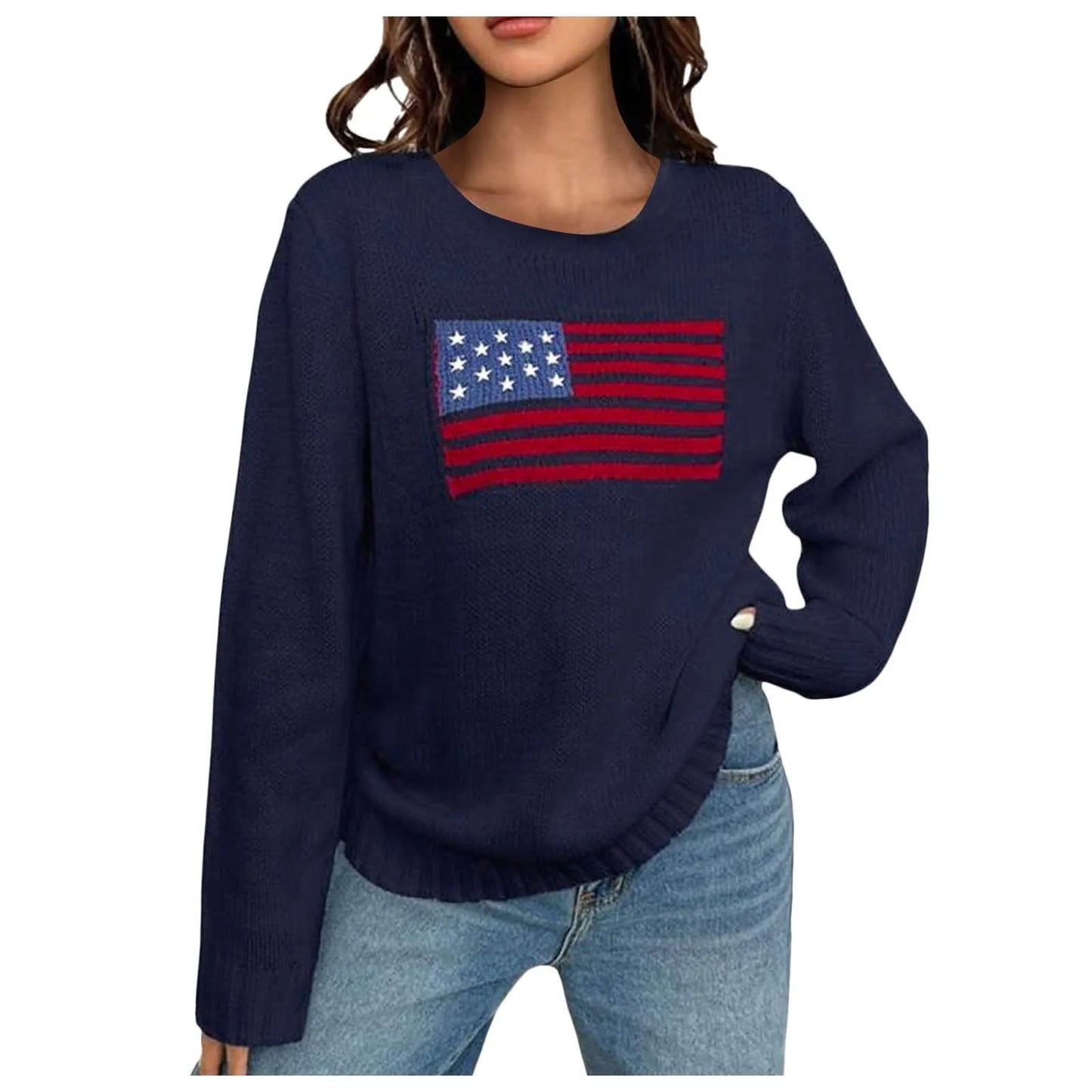 2024 New Womens Flag Print Sweater Autumn Knitted Sweater Elegant Jumper Casual O-Neck Knitwears Pullover