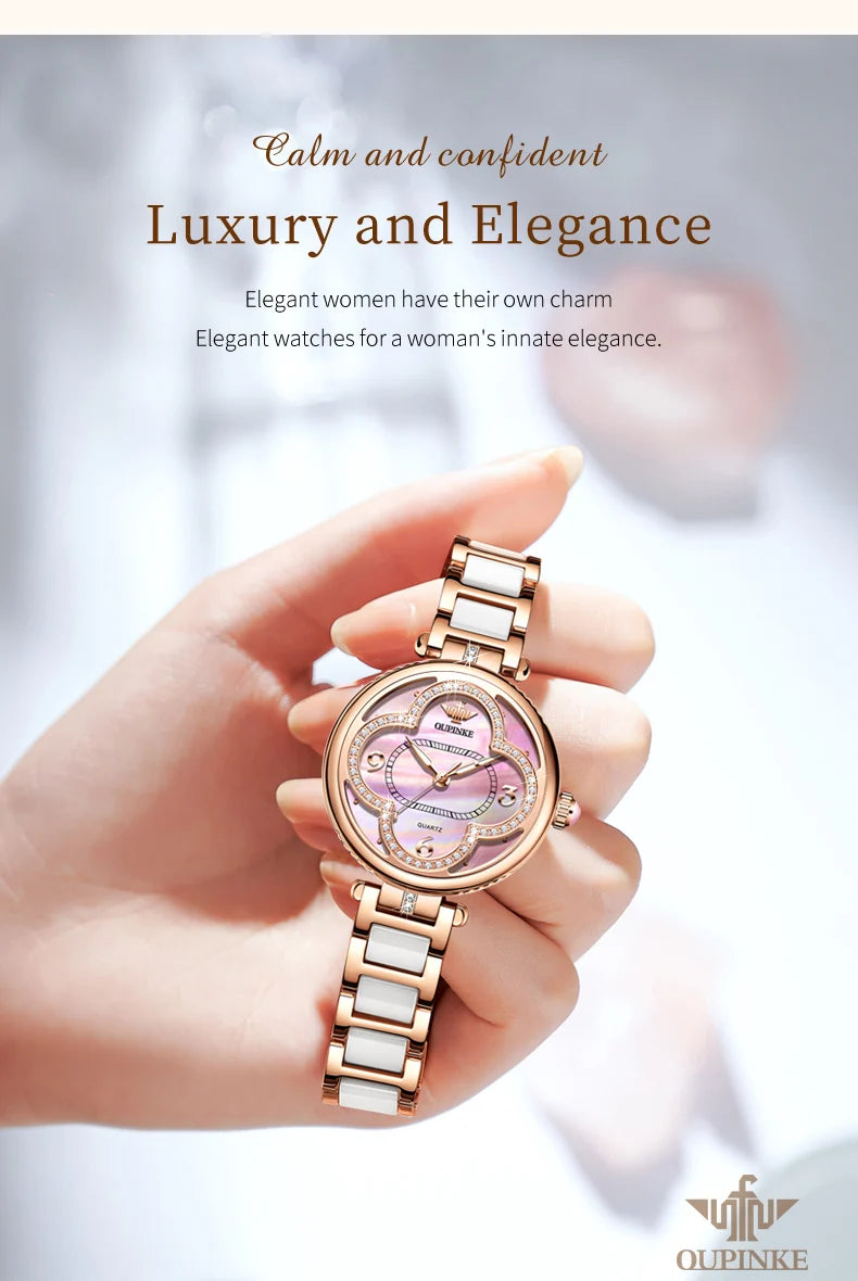 OUPINKE Original Elegant Fully Automatic Women's Mechanical Watches Waterproof Ceramic Tape Lucky Grass Watch for Women Luxury