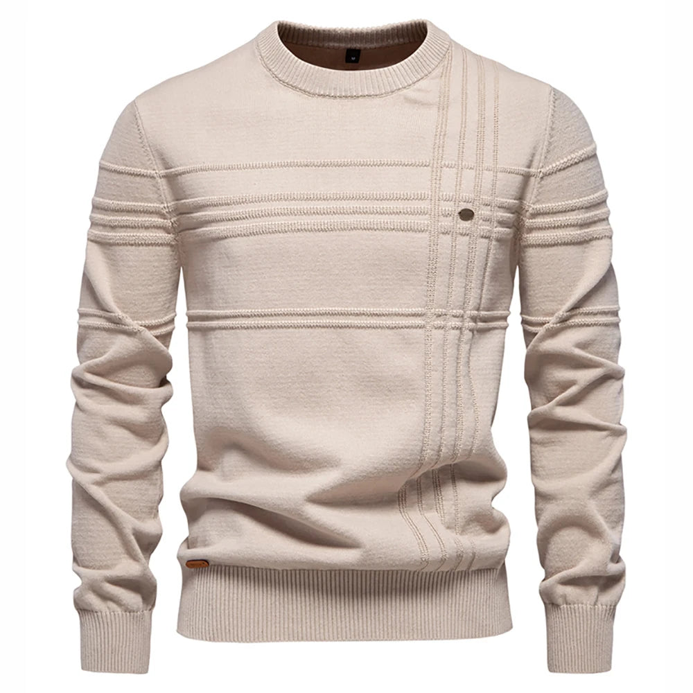 AIOPESON Mens Crewneck Pullover Sweater Knitted Cotton Stripped Quality Autumn Winter Warm Sweaters for Men