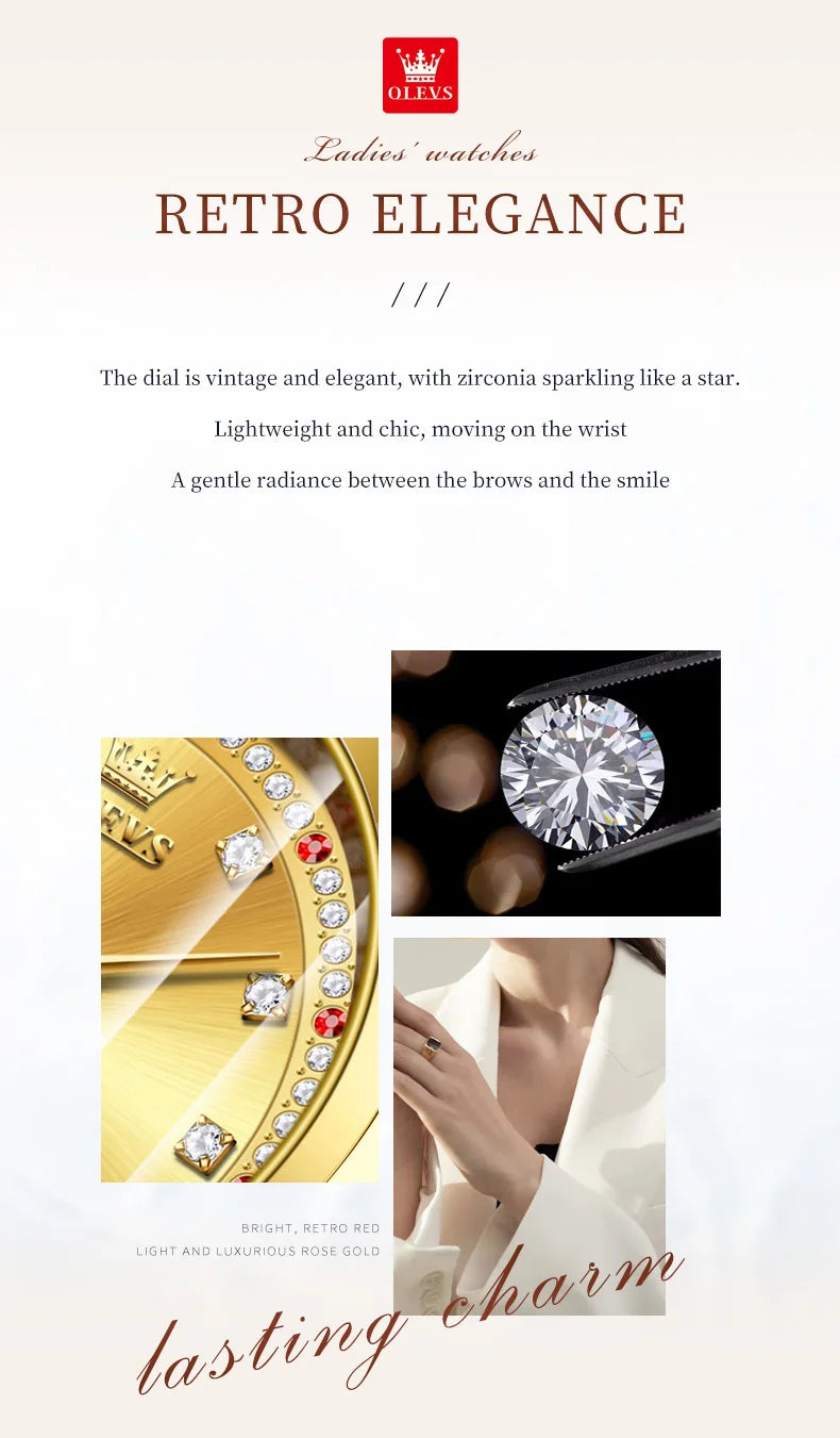 OLEVS New Luxury Golden Watch for Women Tungsten Steel Case Waterproof Wristwatch Diamond Scale Top Original Quartz Ladies Watch