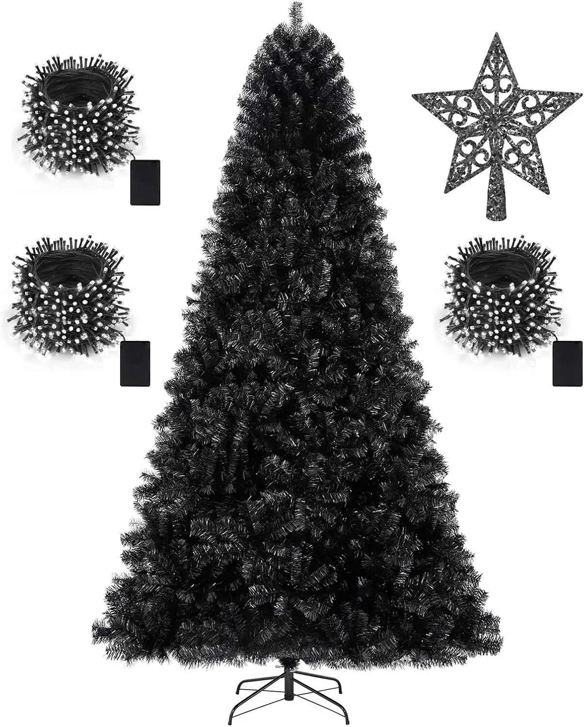 7.5ft Black Christmas Tree  Artificial Decorations with 1,450 Tips-1pcs Treetop Star, Christmas Tree Holiday Party Decorations