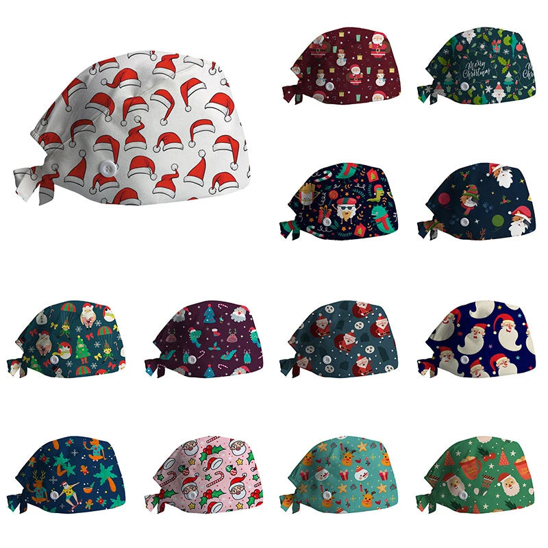 New Christmas Scrubs Caps Santa Claus Print Cap Pet Grooming Agency Work Scrubs Hat Beauty Work Hats Lab Nursing Cap