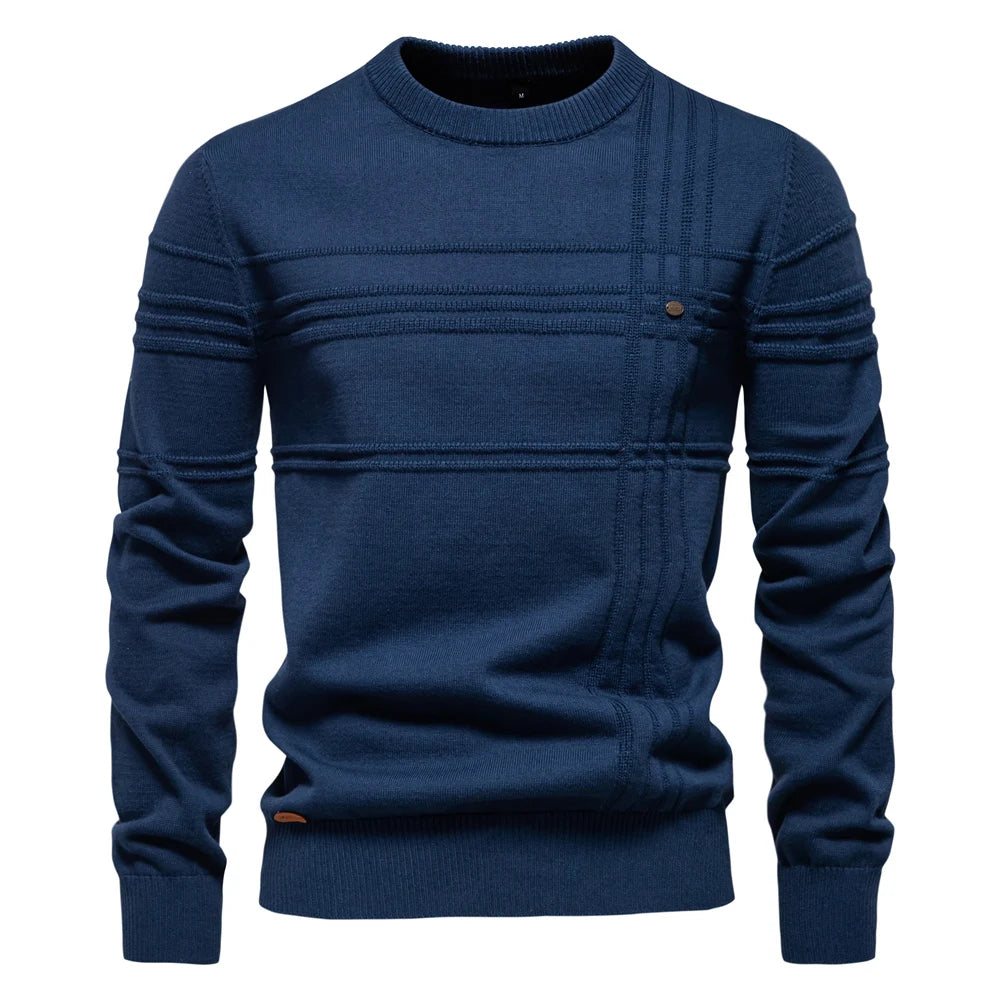 AIOPESON Mens Crewneck Pullover Sweater Knitted Cotton Stripped Quality Autumn Winter Warm Sweaters for Men