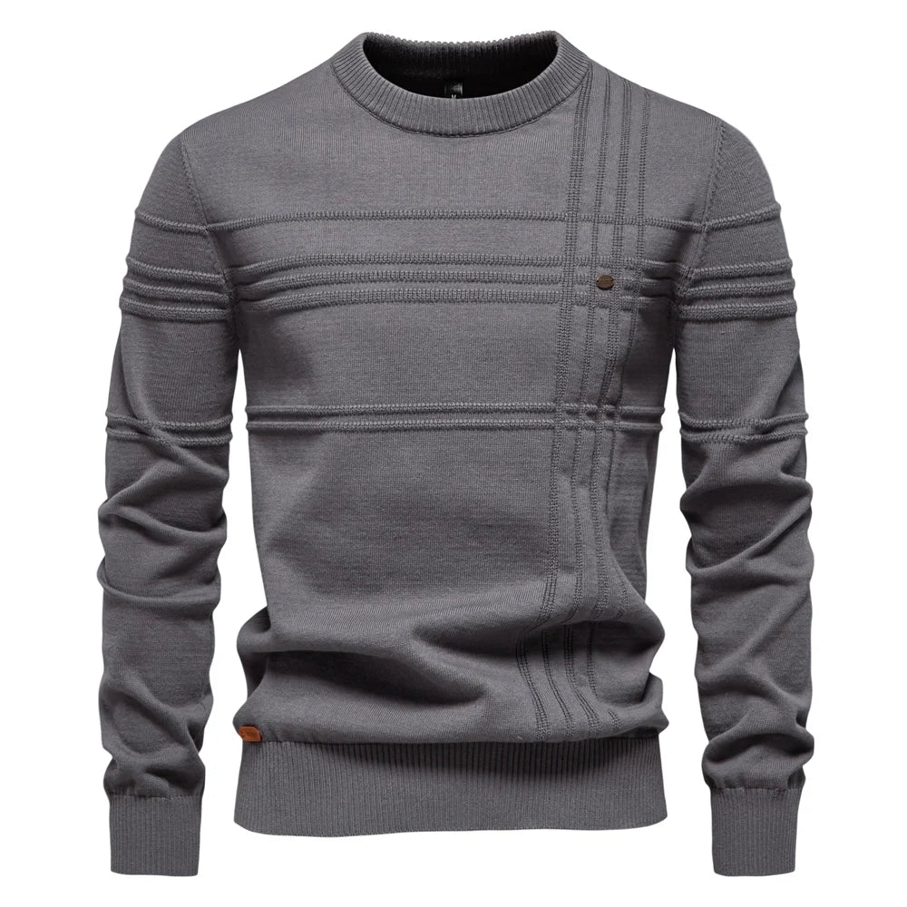 AIOPESON Mens Crewneck Pullover Sweater Knitted Cotton Stripped Quality Autumn Winter Warm Sweaters for Men