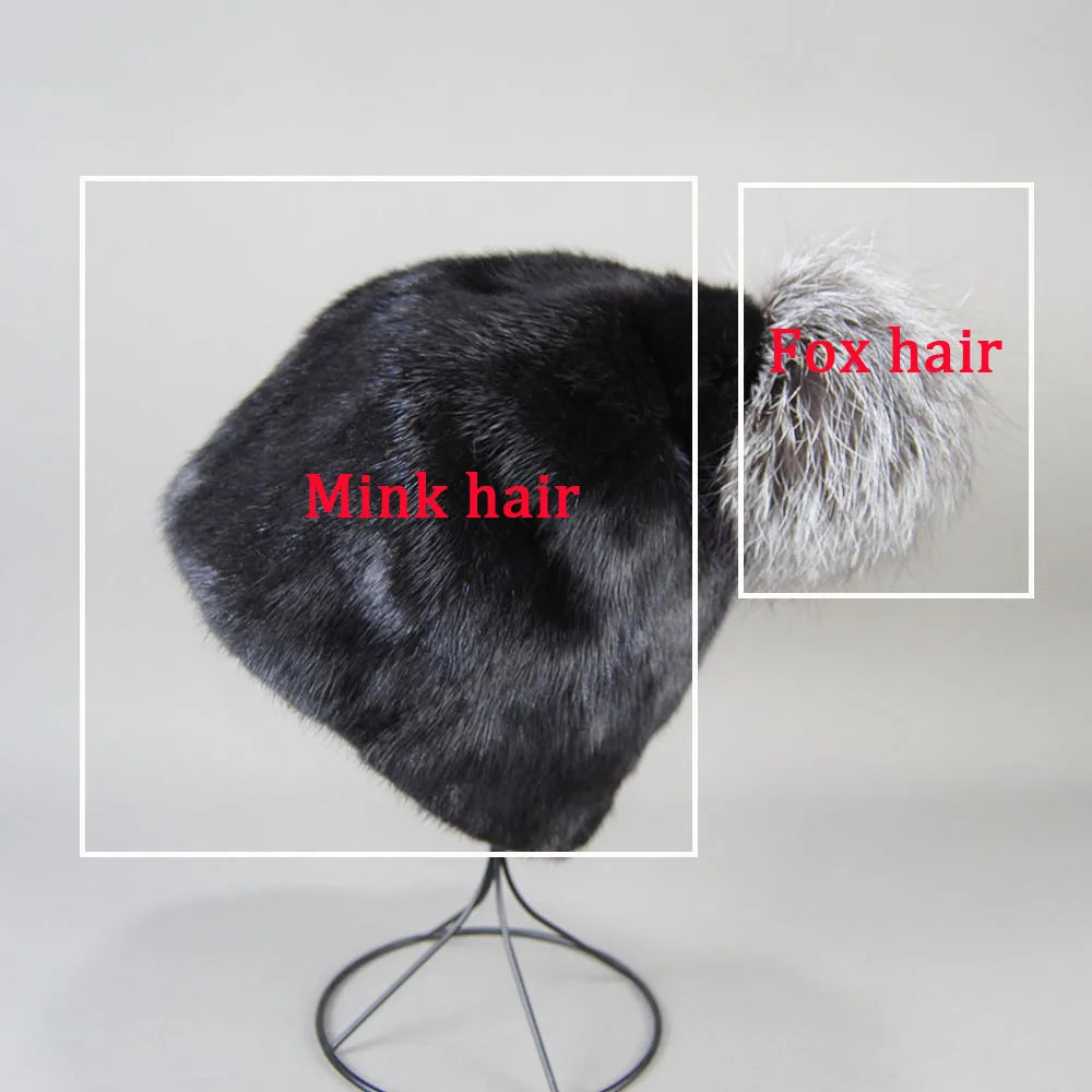 2023 Winter Real Natural Mink Fur Fox Hat for Women Thicken Warm Casual Pom New High Quality Girl Bobble  Christmas Knitted Cap