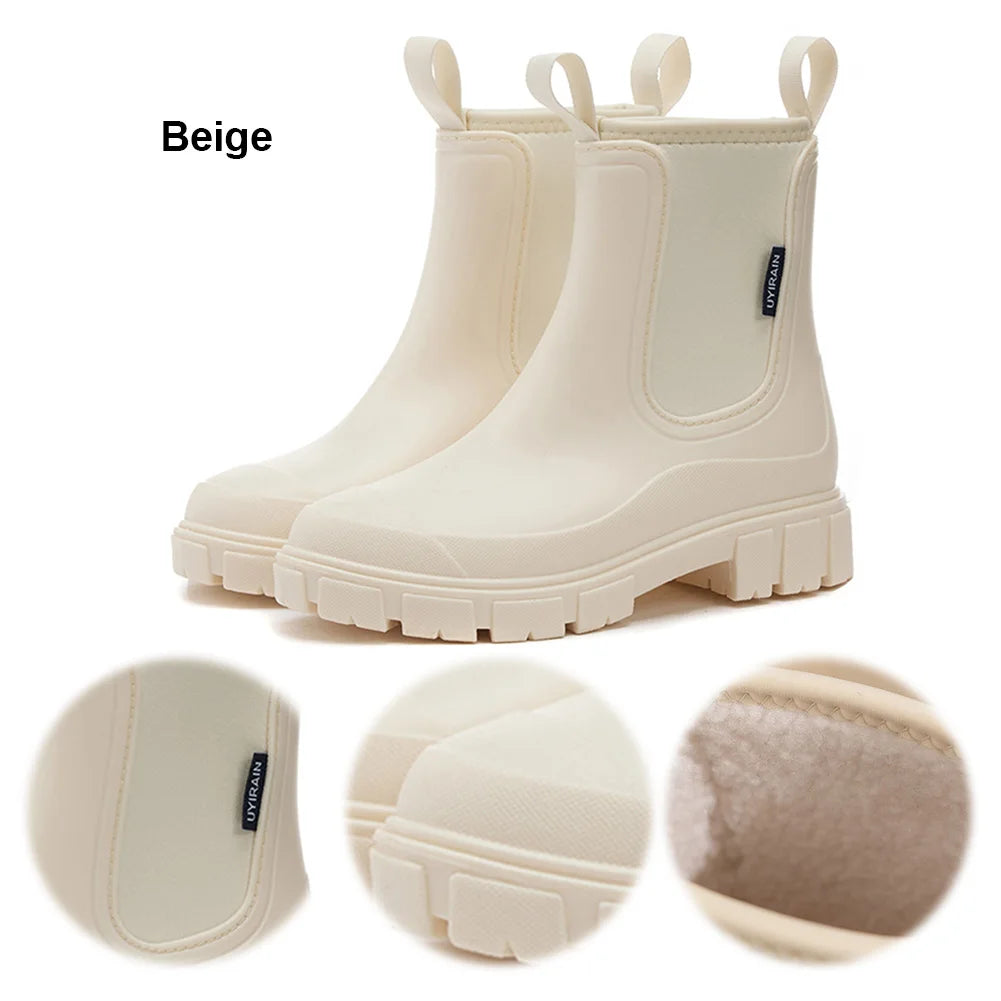 Women's Rain Boots with Plush Lining Ankle Rain Shoes Waterproof Garden Shoes Anti-Slipping Wellington Boots Outdoor Work Shoes