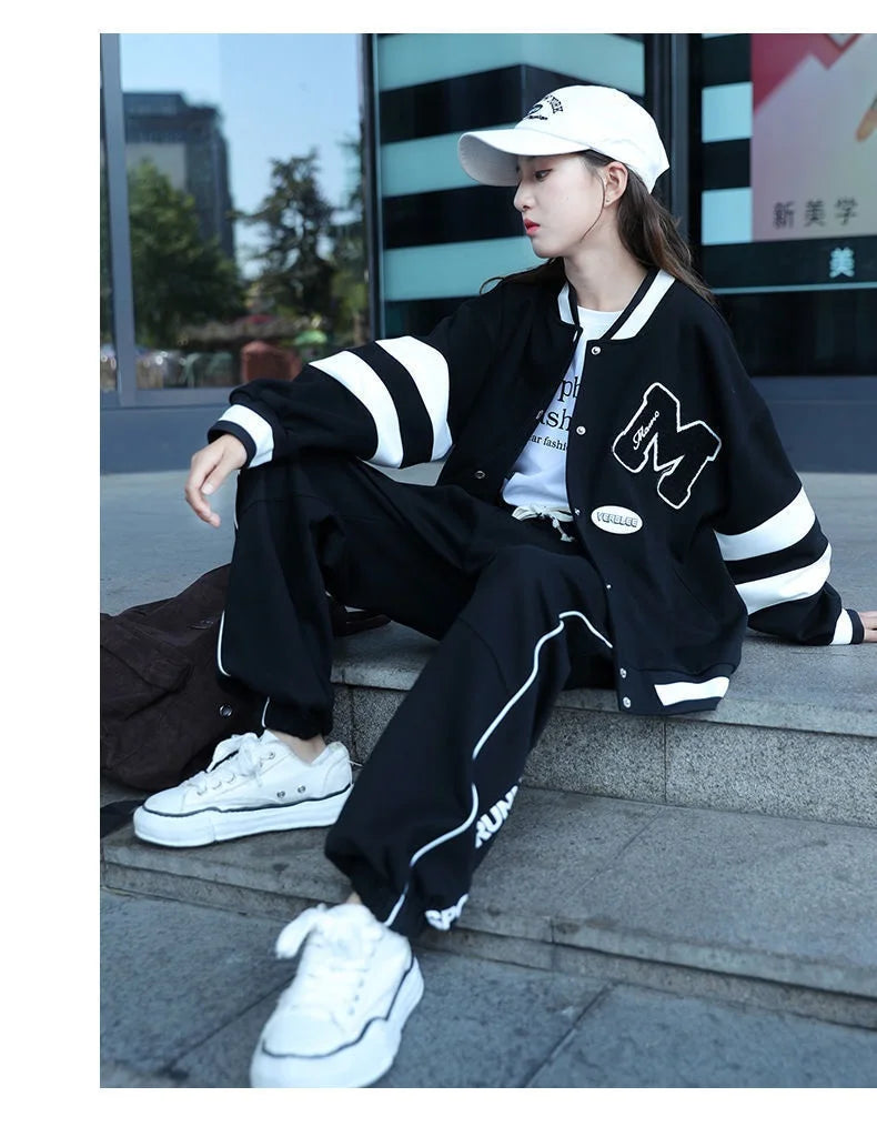 Girls Contrast Alphabet Single-breasted Sweat Varsity Jacket+Drawstring Sweatpant Set School Kids Tracksuit Child Outfit 3-14Yrs