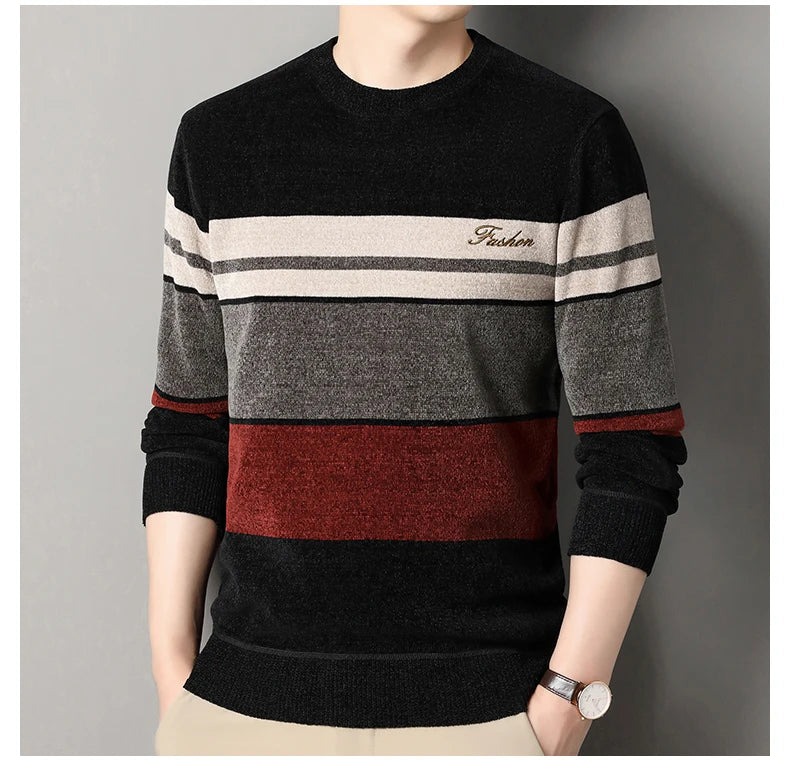 Mens Chenille Sweaters Fashion Knitting Pullover Striped Men's Autumn Winter Top Clothes Round Neck Knitted Sweaters