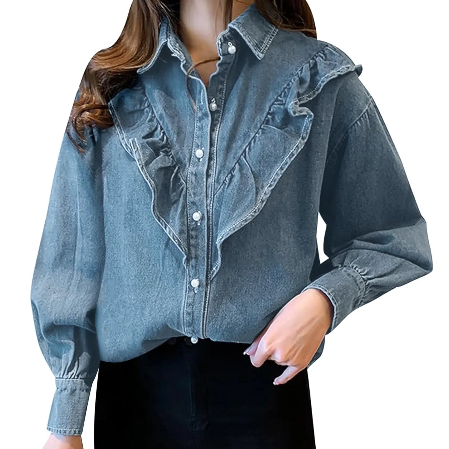 Women's Korean Style Ruffles Neck Denim Shirt Vintage Deep Blue Loose Double Pocket Long Sleeved Versatile Casual Coat Shirt