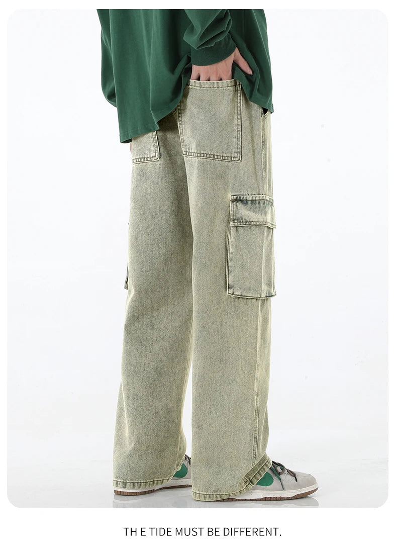 Autumn New Men Cargo Jeans Baggy American High Street Y2K Multi-pocket Youth Overalls Fashion Streetwear Vintage Wide Leg Pants