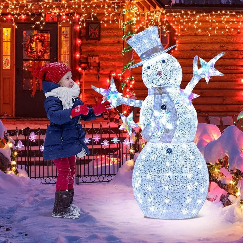 5 FT Christmas Lighted Snowman with Stars, Lighted Christmas Decoration with 140 Cold White LED Bulbs, Ground Stakes &