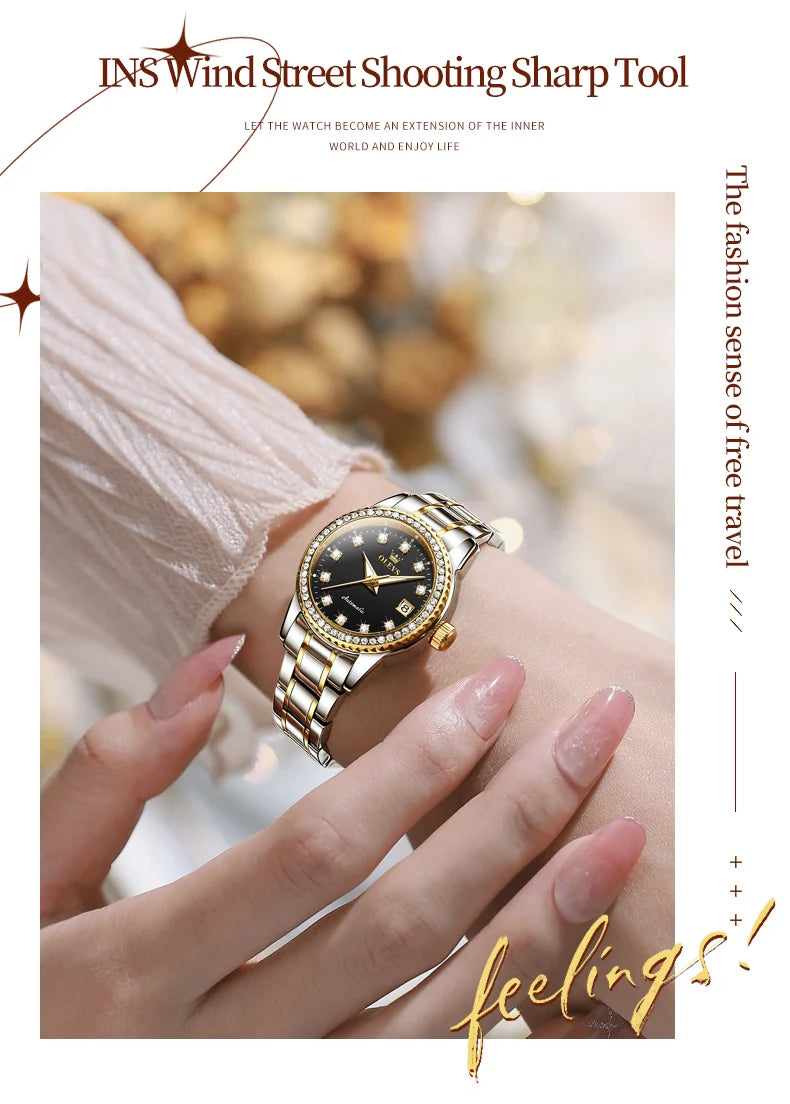 OLEVS Automatic Watch for Women Diamond Gold Luxury Stainless steel Elegant Original Women's Automatic Watch Necklace Gift Set