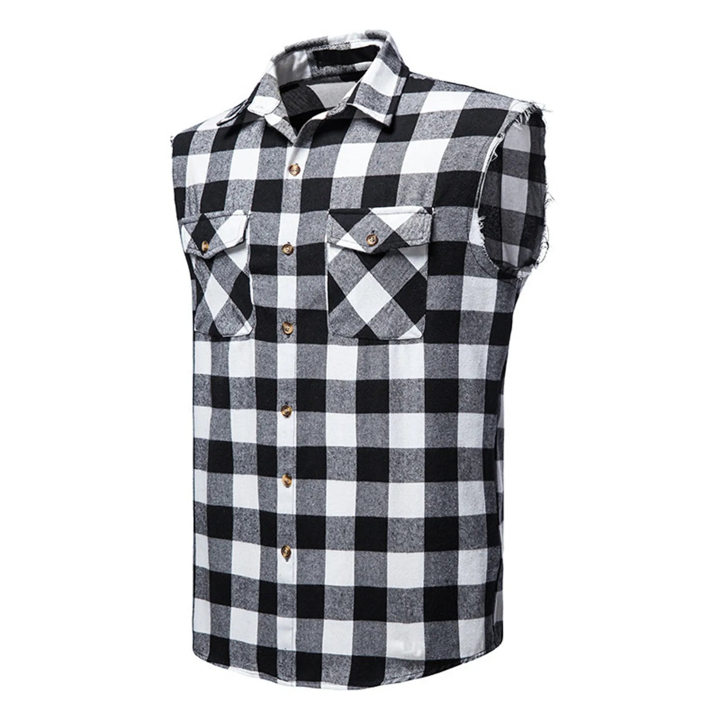 Men's Casual Flannel Plaid Shirt Sleeveless Double Pocket Cowboy Button Down Shirts Men Cotton Plus Size Vest Checkered Top 2XL