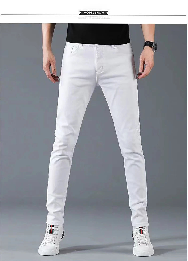 Fashion Mens Slim Fit Denim Pencil Pants High Quality Black White Skinny Stretch Jeans Mens High Street Jeans Four Season