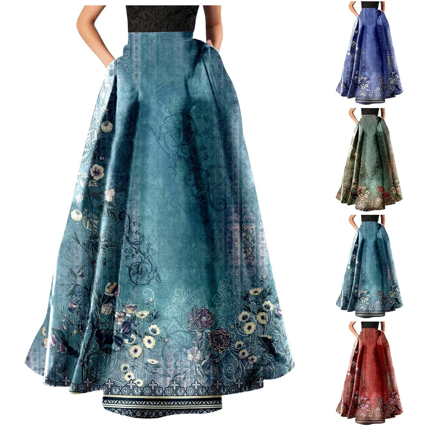 Summer Bohemian Print Long Skirts Women Boho Holiday Floral Skirt High Waist Loose Female Beach Pleated Maxi Skirts Faldas