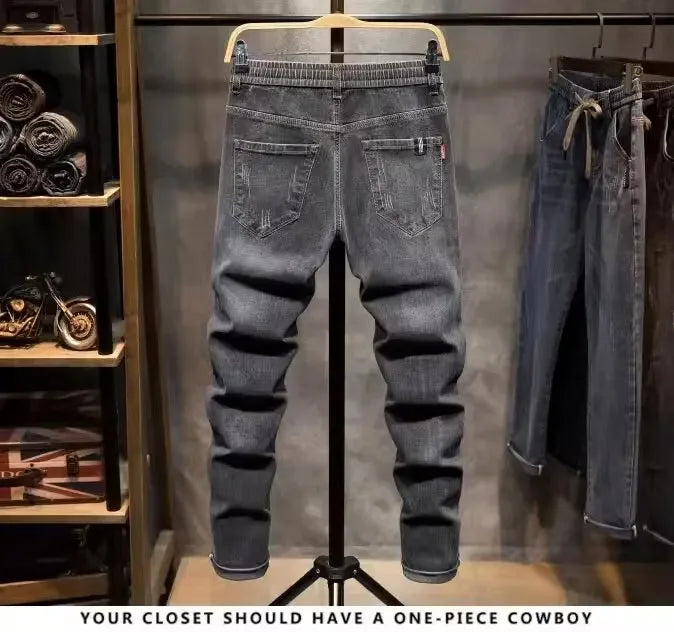 2024 New Elastic Waist Jeans For Men Straight-leg Spring Autumn Drawstring Summer Thin Slims Smooths Your Silhouette Long Pants