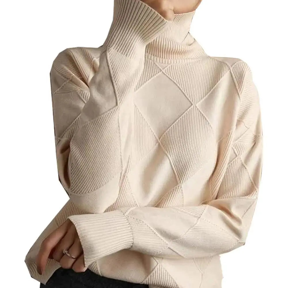 Turtleneck Sweater Long-Sleeve High Neck Sweater Loose Solid Color Knit Pullover Tops For Women Autumn Winter