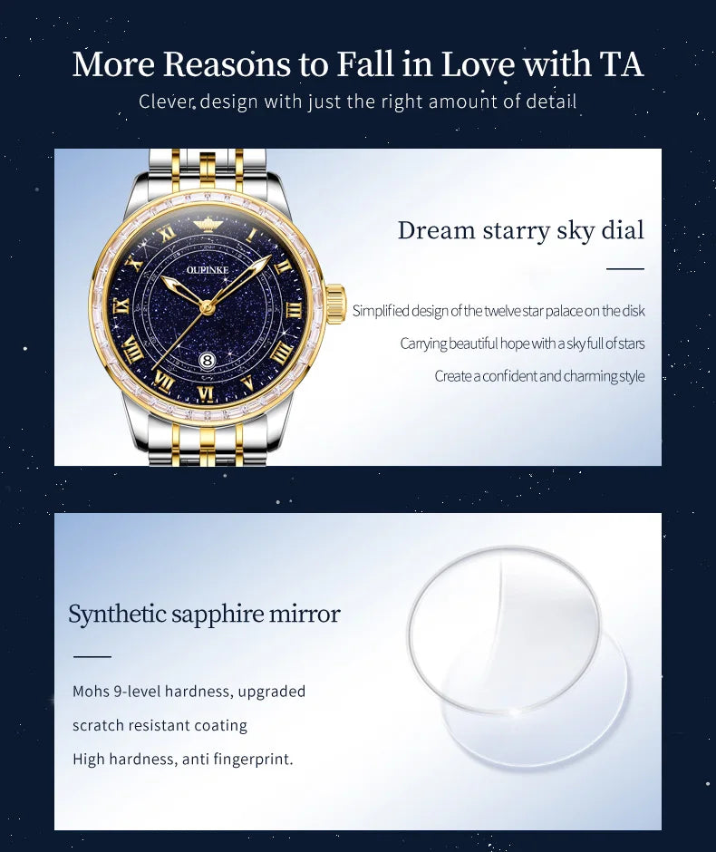 OUPINKE Top Luxury Brand Women's Watches Calendar Automatic Mechanical Watch Starry Sky Dial Romantic Gift Female Wristwatch