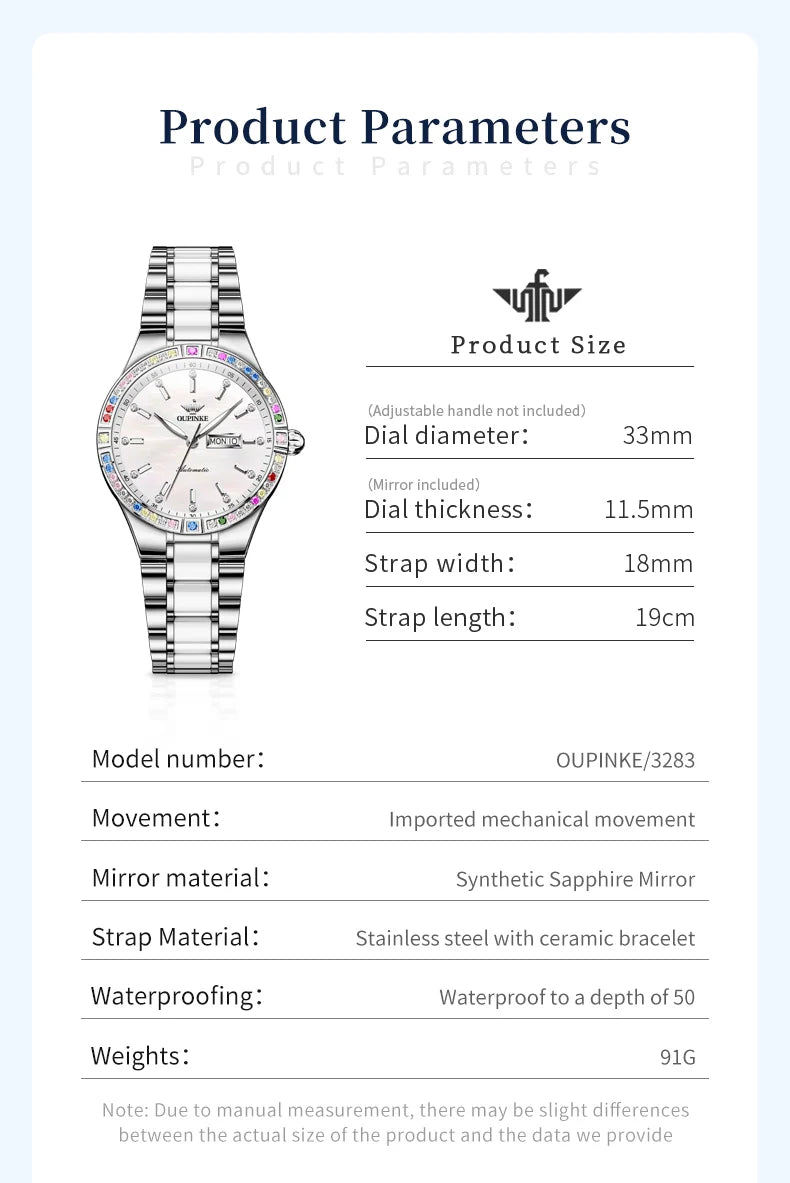 OUPINKE Mechanical Watch for Women Stainless steel Ceramic Strap Sapphire Mirror Waterproof Luminous Calendar Week Ladies Watch