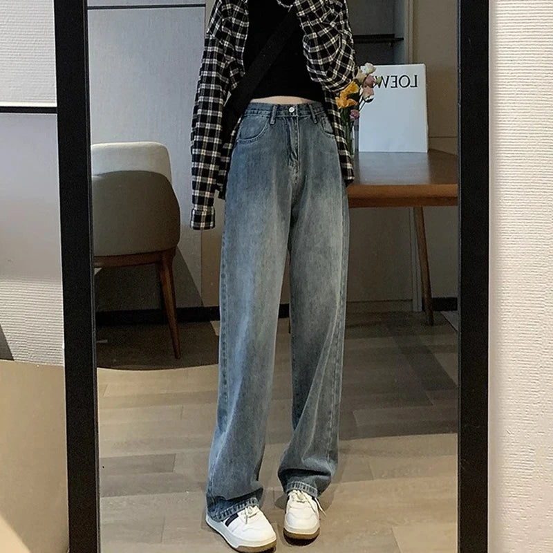 Woman Vintage Wide Leg Jeans Girls High Waist Pants Female Fashion Black Black Grey Retro Blue Light Blue Pink Denim Trousers