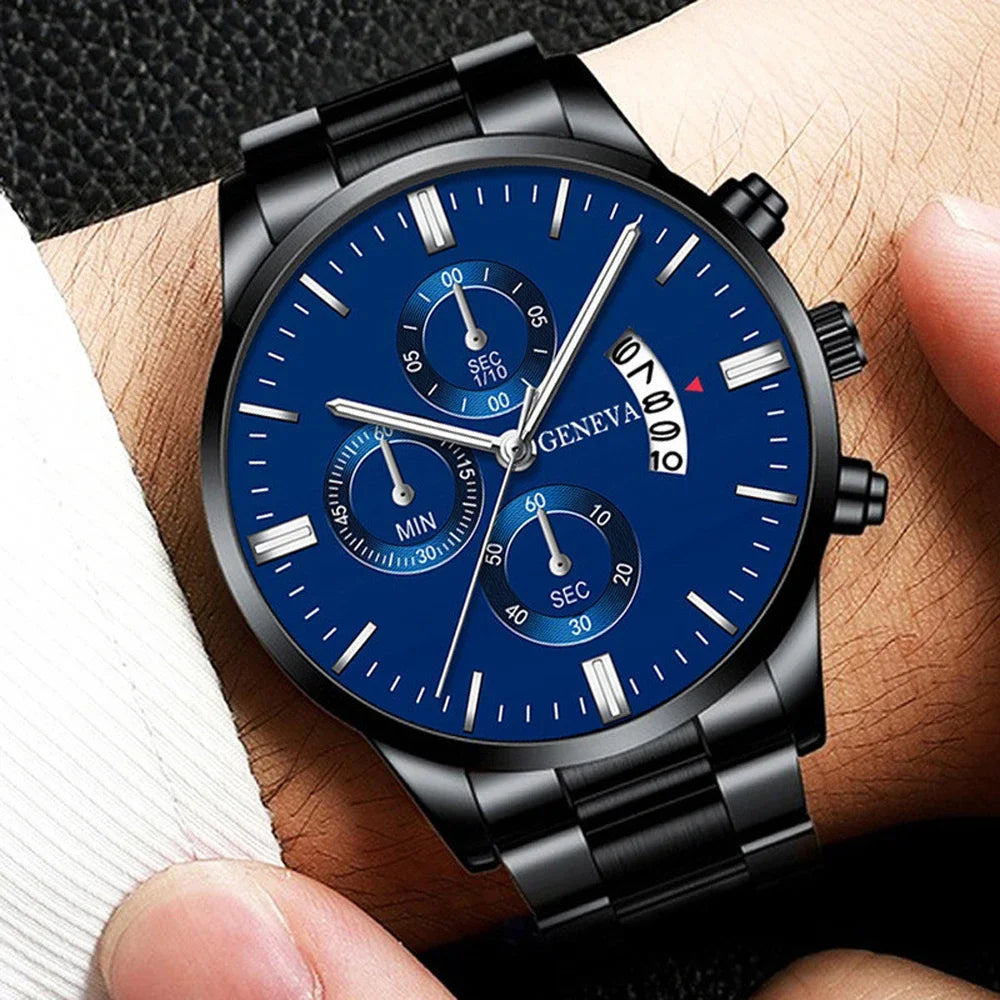 New Geneva Leisure Business Men's Watch Fashion Three Eyes Military Quartz Watch Stainless Steel Waterproof Gentleman Wristwatch