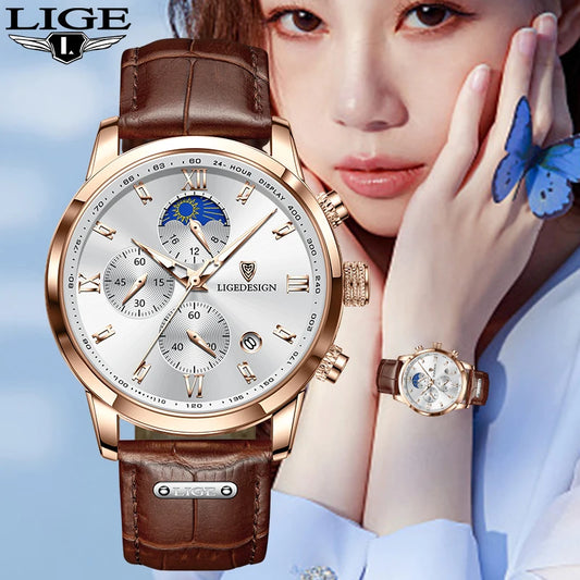 LIGE Luxury Fashion Women Watch Leather Strap Waterproof Casual Sport Quartz Wristwatch 24 hour Moon Phase Clock Watch for Women