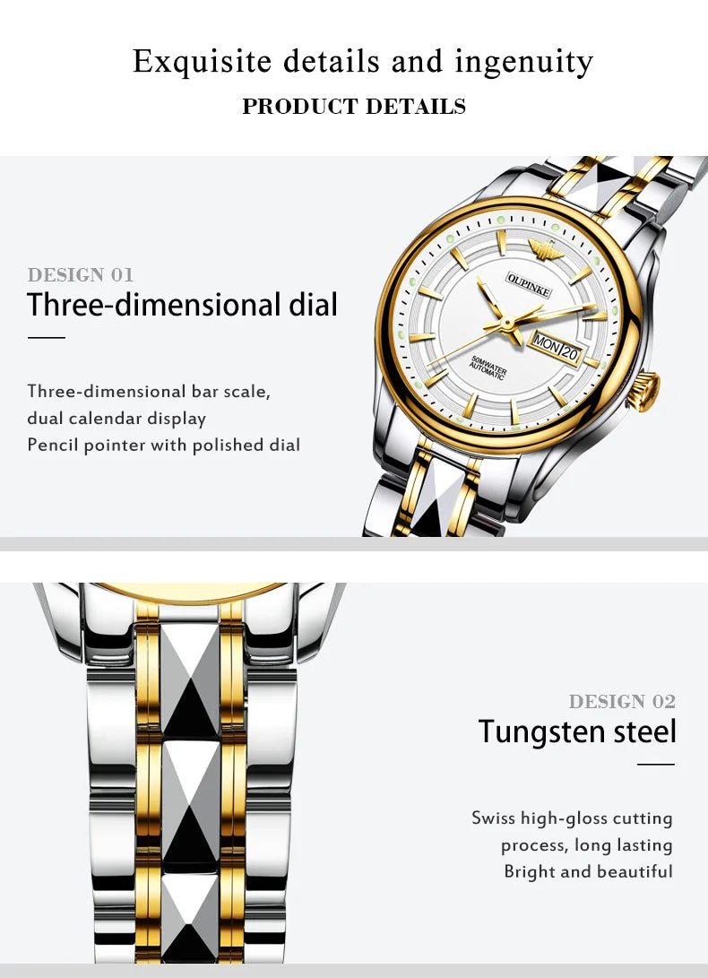 OUPINKE 3170 Dual Calendar Mechanical Watch For Women Top Brand Deep Waterproof Dress Wristwatch Luxury Stainless Steel Watches