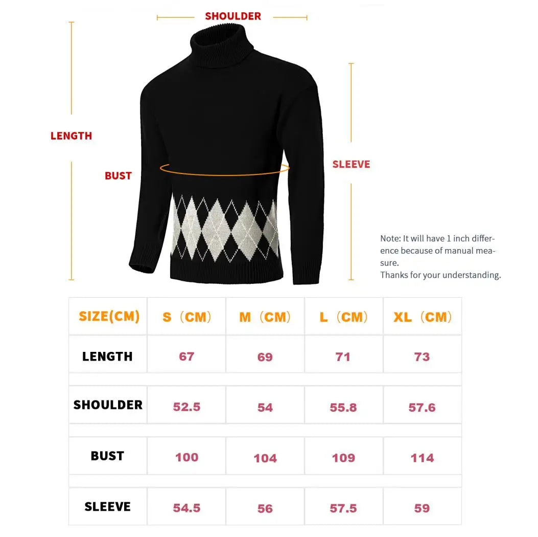 Men's Vintage Turtlenecks Sweater Argyle Thermal Knitted Pullover Fashion Luxury Sweaters Clothing New Style Oversized