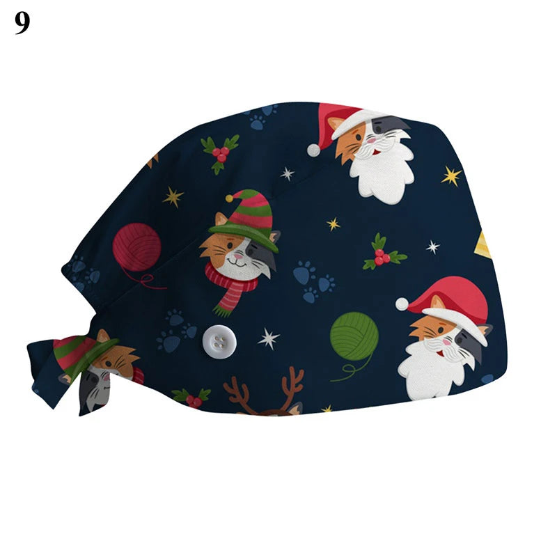 New Christmas Scrubs Caps Santa Claus Print Cap Pet Grooming Agency Work Scrubs Hat Beauty Work Hats Lab Nursing Cap