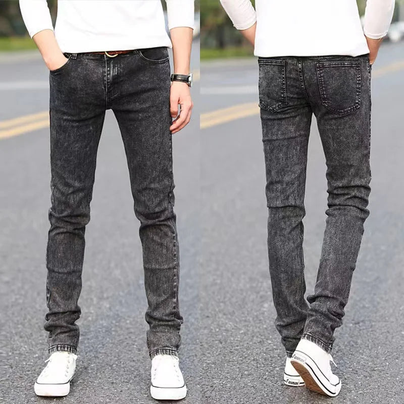 Fashion Mens Slim Fit Denim Pencil Pants High Quality Black White Skinny Stretch Jeans Mens High Street Jeans Four Season