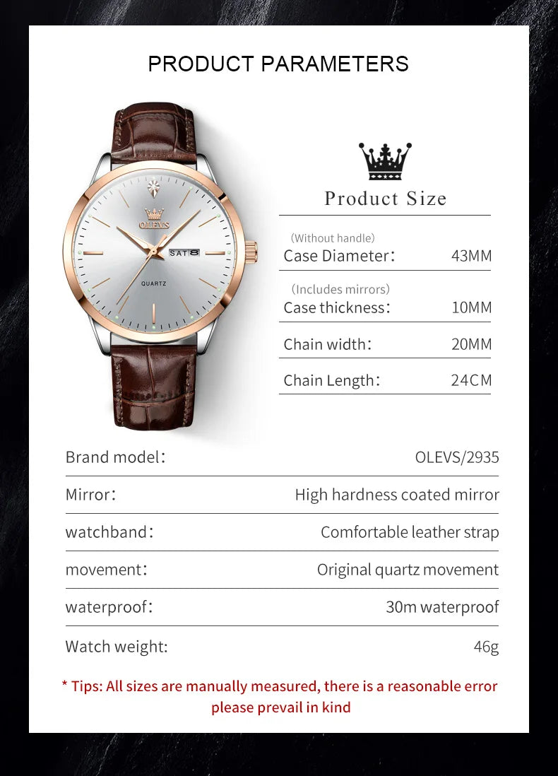 OLEVS Fashion Business Brand Original Men Watches Leather Strap Trend Week Calendar Quartz Watch Luminous Waterproof 43mm Dial