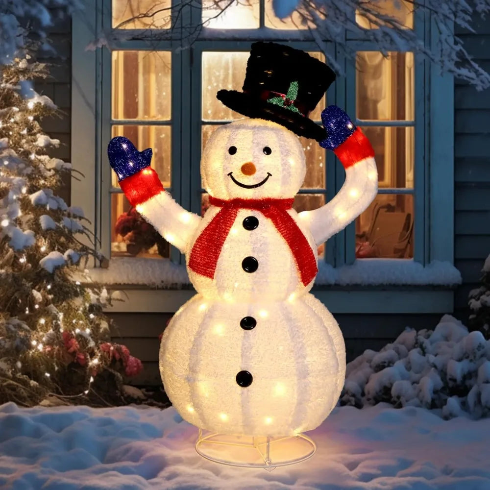 4FT Lighted Snowman Christmas Decorations w/ 120 LED Lights, Auto Take on/Off Hat, Pop-up Snowman Ornaments